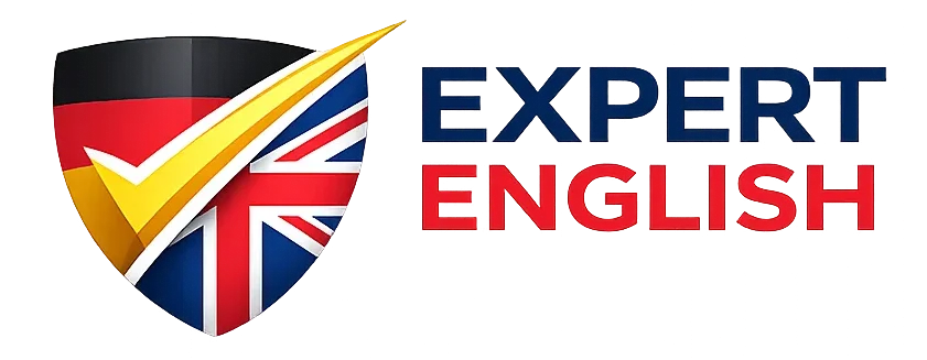 Expert English logo with German and UK shield and check mark